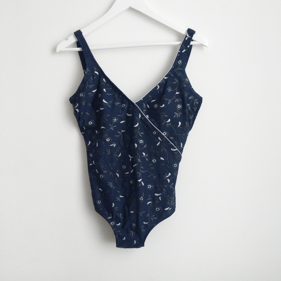 Vintage 90s Gottex Navy Floral Print One Piece Swimsuit - Picture 3 of 11